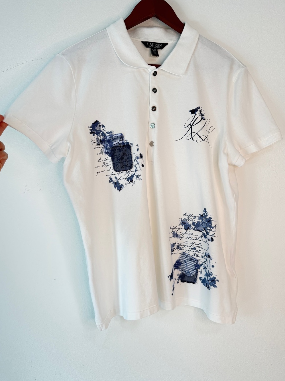 Lauren Ralph Lauren Patchwork Pique Polo Shirt Women XL White Blue Modern Preppy